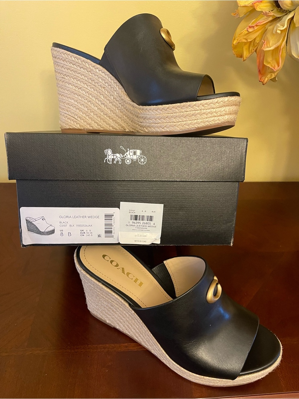NWT Coach Black Leather Espadrille Wedge Mules, Size 8